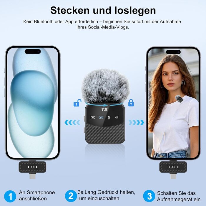 Мікрофон-петличка для iPhone/iPad/Android, бездротовий, з шумозаглушенням, 25 годин роботи, для відео, блогів, YouTube, TikTok, Live-Stream