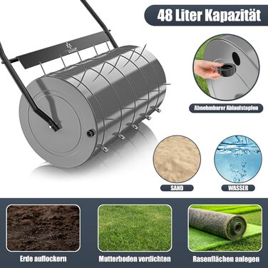 Коток для газону KESSER металевий, заповнюється водою або піском, 48 л, 60 см, з 5 наборами шипів і рукавичками, садова ручна валка, антрацит