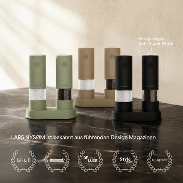 Електричні млини для солі та перцю LARS NYSØM (2 шт.) з регульованим керамічним подрібнювачем, працюють від AAA батарейок, сірий колір