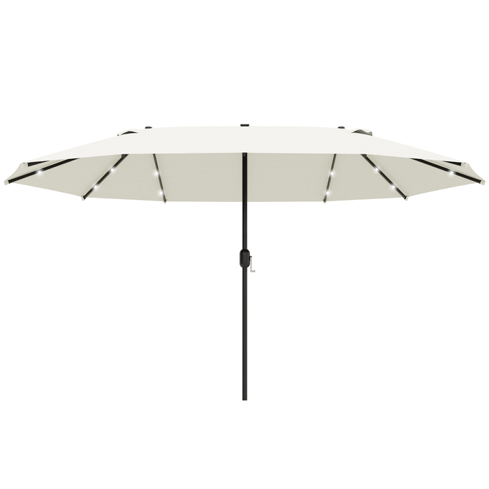 Outsunny Double Canopy Sun Umbrella with LED, 440 x 256 cm, Garden Umbrella with Hand Crank, Patio Umbrella in Cream White for Garden & Patio