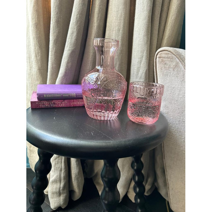 Vintage Glass Carafe with Lid & Matching Drinking Glass – 750 ml Capacity – Elegant Glass Jug for Water, Juice, or Wine – Stylish Home Decor for Kitchen or Dining Room (Pink)