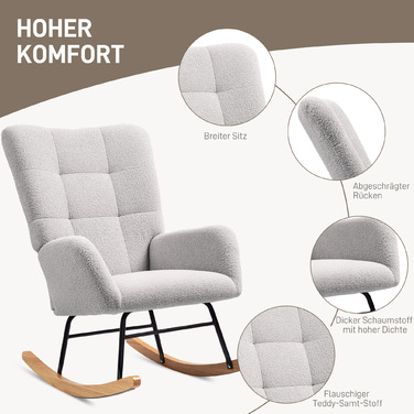 HOMCOM Rocking Chair, Rocking Armchair with Armrests, Teddy Velvet-Look, Relaxing Chair with Wooden Skids, Swivel Chair Silent Chair for Bedroom, Living Room, Light Grey | Aosom