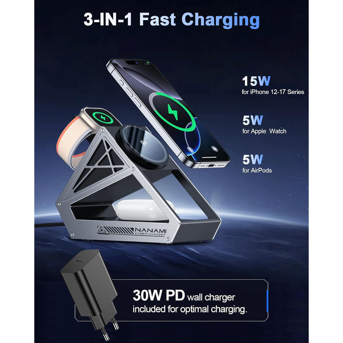 Зарядний пристрій NANAMI 3-в-1 MagSafe: для iPhone 17, 15, 14, 13, 12, Apple Watch, AirPods. Чорний, 15W, Qi2, MagSafe