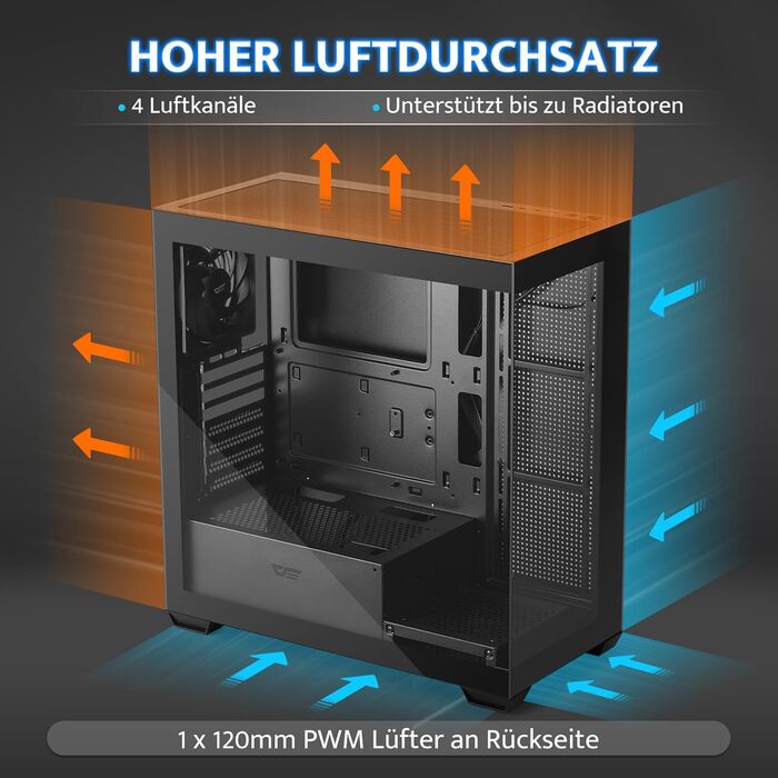 darkFlash DS900: Корпус для ПК ATX Mid-Tower з 4 PWM ARGB вентиляторами, подвійна скляна панель, підтримка радіаторів водяного охолодження 360mm, USB Type-C, чорний