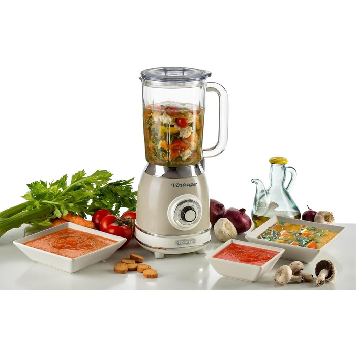 Vintage Ariete 583 Glass Mixer, Retro Multi-Function Mixer with 4 Blades, 4 Speeds + Pulse Function, Ice-Crusher Function, 1.5 Liter Capacity, 1000W, Beige Beige Single