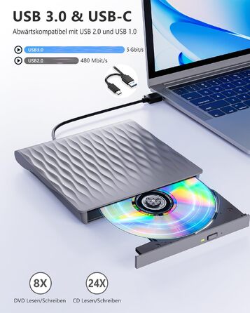 Зовнішній DVD/CD привід DANGZW USB 3.0 Type-C, портативний DVD-брунер та плеєр для ноутбука та ПК, сумісність з Windows, MacOS, Linux (сірий)