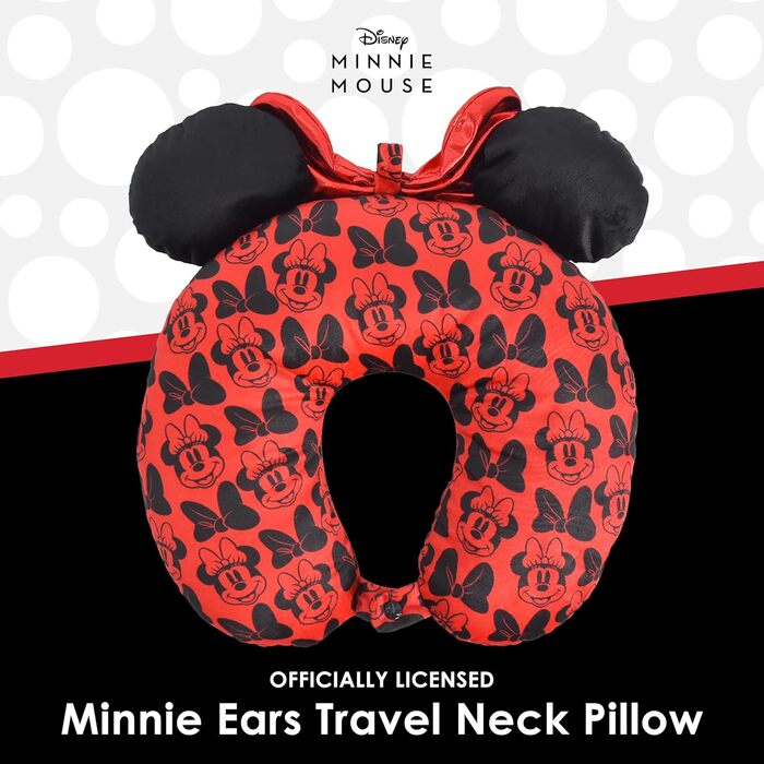 Подушка для шиї Disney Minnie Mouse з 3D-вушками та бантиком для подорожей (літак, авто, офіс), червоно-чорна, One Size