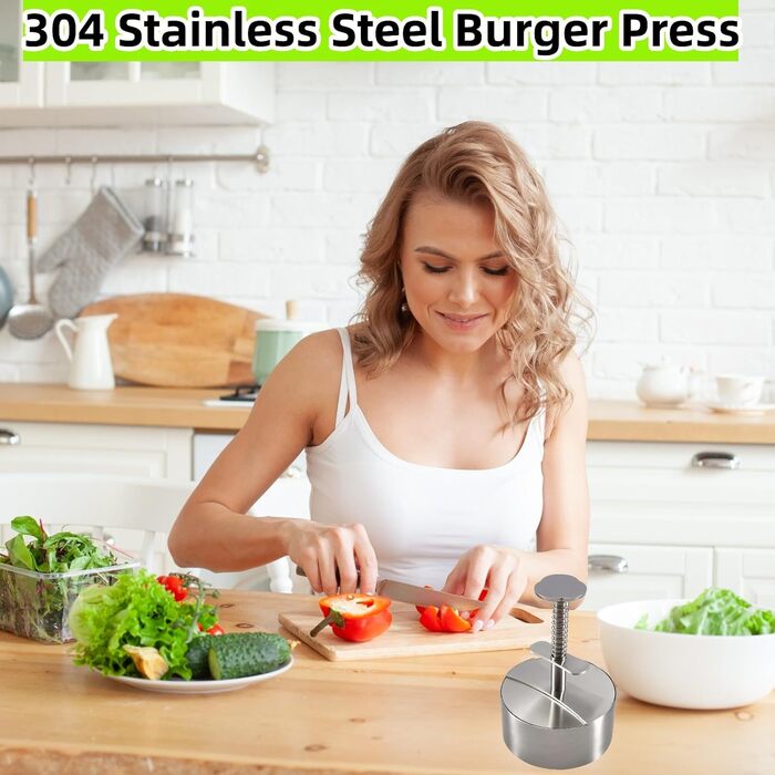 Прес для бургерів з нержавіючої сталі 304, регульований, з папером для бургерів (150 шт.)