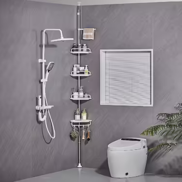 Adjustable Height Shower Shelf without Drilling, Corner Shower Rack Stainless Steel Corner Shelf Bathroom Shelf with 4 Baskets and 1 Towel Holder for Bathtub and Bathroom, Rust-Proof, 95-305CM White