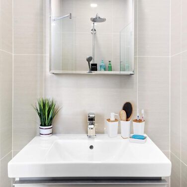 Набір аксесуарів для ванної Relaxdays (4 шт.), сучасний дизайн, зубний стакан, мильниця, дозатор мила, пластик & бамбук, білий, 17,5 x 7 x 7 см