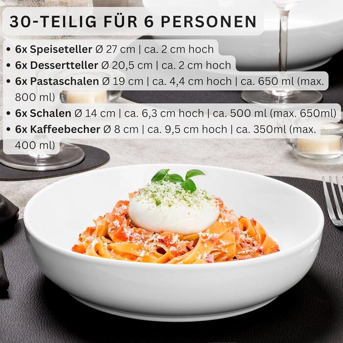Набір посуду SÄNGER Marlo, 30 предметів для 6 осіб: тарілки, миски, чашки з порцеляни | PREMIUM COLLECTION