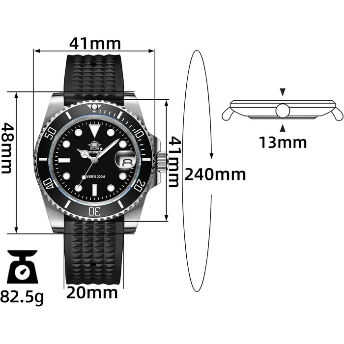 Годинник чоловічий ADDIESDIVE з кварцовим механізмом, аналоговий, водонепроникний 20bar, з нержавіючої сталі, великий, з підсвічуванням, чорний/білий