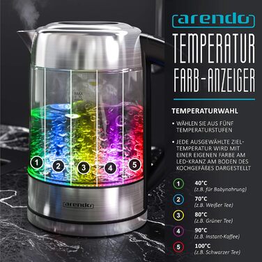 Arendo - Glass Kettle with Temperature Setting – 1.7l - Adjustable Temperatures 40° - 100 °C – Digital Temperature Display - Keep Warm Function – Energy-Saving – BPA-Free - RGB Lighting