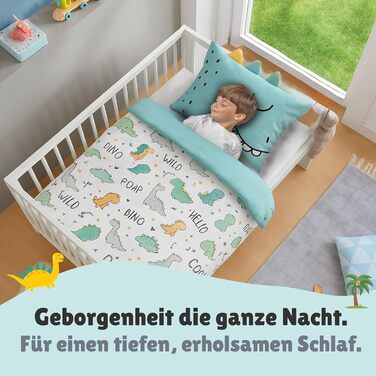Дитяча постільна білизна (2 шт.) з 100% бавовни Oeko-Tex: ковдра 100x135 см та подушка 40x60 см. Зручна дитяча постіль з блискавкою, дихаюча, регулює температуру, з зображенням динозаврів.