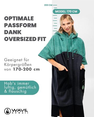 WAVE HAWAII Bathrobe Poncho for Women & Men | Size L, 170-200cm | 100% Cotton Surf Poncho | Velour & Terry Cloth Towel with High Water Absorption | Changing Aid for Adult Beachgoers