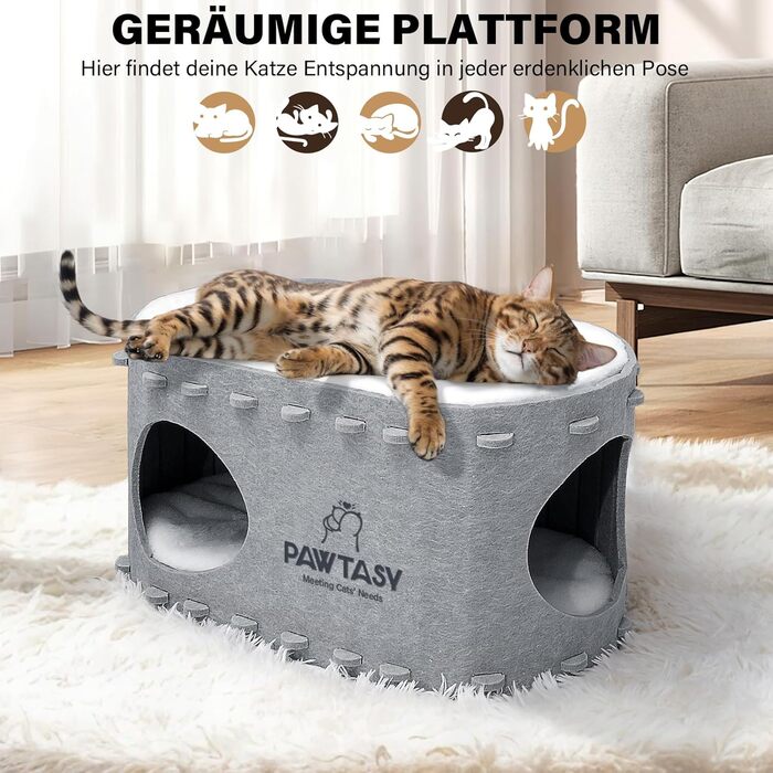 Felt Cat Cave Bed Cat House for Indoor Cats, Cave with 2 Soft and Warm Cushions, Winter-Proof, Protects Cat Claws, 58W x 33D x 30H cm, (Gray)