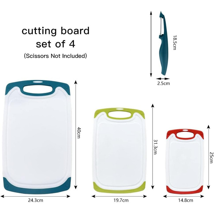 Набір з 3 дерев'яних обробних дощок SKERITO для кухні (синій, зелений, червоний) з антиковзкими ручками та жолобками для соку