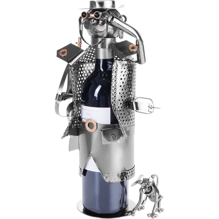 BRUBAKER Wine Bottle Holder Hunter - Bottle Rack Sculpture made of Metal with Gift Card - Silver Wine Gift Height 33 cm