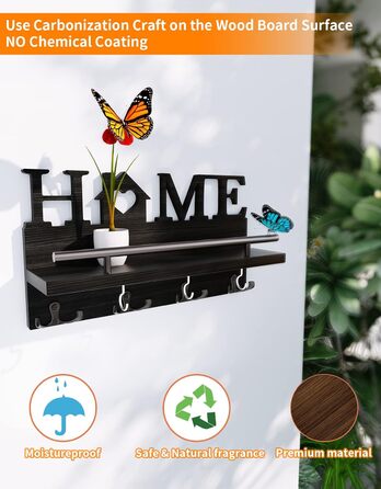 Дерев'яне ключниця-органайзер на стіну з полицею, 7 гачків, чорний, для дому
