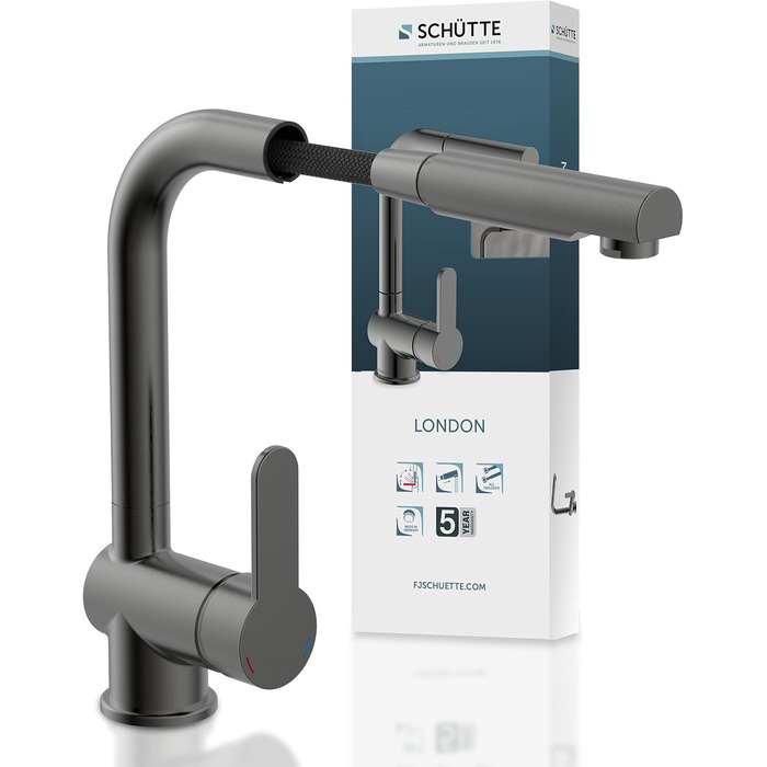 Кухонний змішувач SCHÜTTE LONDON з висувною лійкою, поворотний на 360°, з одним важелем, для кухні, високий тиск, графіт, 29,8 см