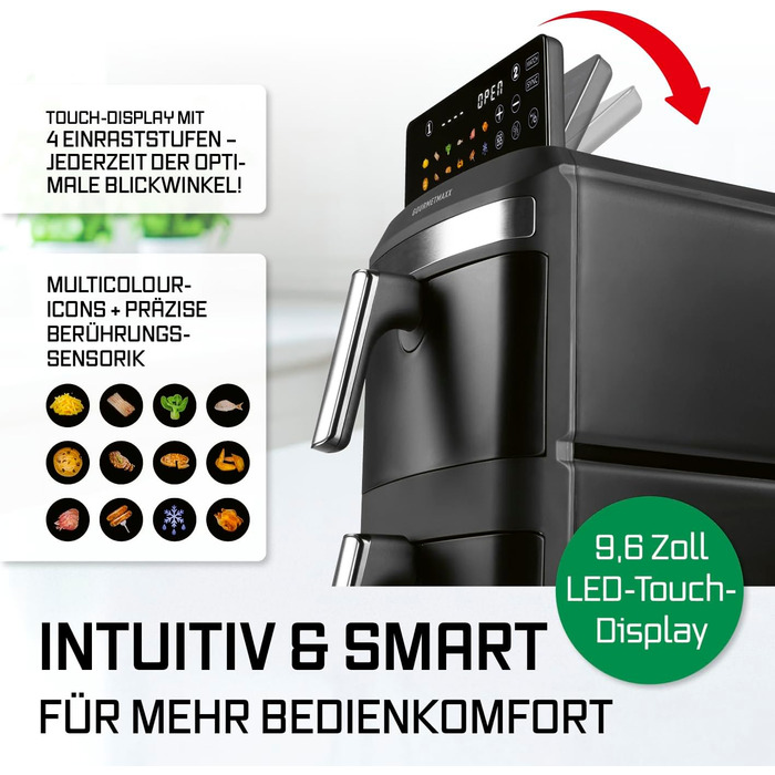 Фритюрниця повітряна GOURMETmaxx 4.5L з цифровим дисплеєм, 1400W, автоматичне вимкнення, захист від перегріву, миється у посудомийній машині, чорний (2x6L)