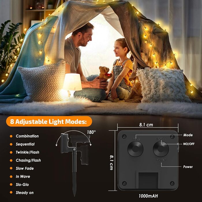 Сонячна гірлянда для вулиці, 60 LED, 13.2м, 8 режимів, IP65, тепле світло. Декорація для балкона, тераси, саду, ялинки.