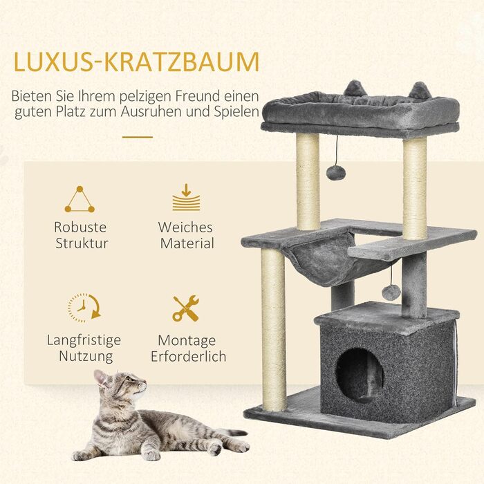 Кігтечка PawHut для котів 90 см з гамаком, будиночком та платформами, сірий колір