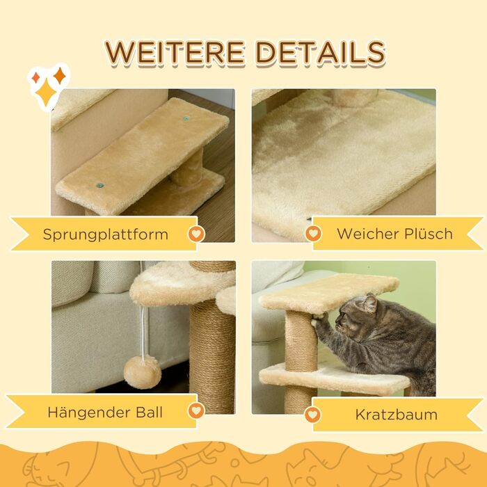 Сходинка для собак та котів PawHut з 3/4 ступенів, 66 см, з гніздом, м'ячиком, для середніх тварин, підходить для ліжка, дивану, бежевого кольору