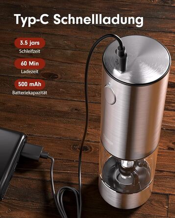 Електричні перечниці та солінки 2 в 1 з нержавіючої сталі, акумуляторні, з LED-підсвічуванням та регульованим керамічним жорном, з щіткою для чищення