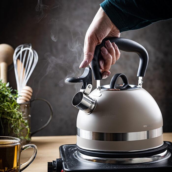 Чайник Kinghoff 1.8L з нержавіючої сталі з свистком, для індукційних плит, компактний, з відкидним ручками, чайник для плити, матовий (Бежевий)