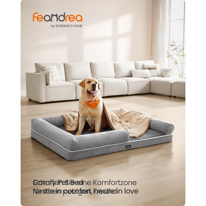 Feandrea Orthopedic Dog Bed, Dog Cushion, Dog Basket, Soft Padding, Dog Sofa, Raised Sides, Removable and Washable Cover, 91 x 71 x 20 cm, Non-Slip Bottom, PGW076G01 (L 135 x W 107 x H 25 cm, Light Grey)