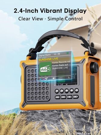 ROCAM Радіоприймач на ручку DAB+/UKW, портативне аварійне радіо з сонячною панеллю 8500 мм² та ручкою 650mA, цифрове радіо з Bluetooth, 2.4' кольоровий дисплей, 80 станцій, SOS, LED ліхтарик, USB, IPX6 для кемпінгу (Жовтий)