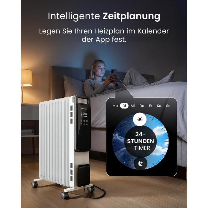 Розумний електричний масляний радіатор Pro Breeze 2500W, 11 секцій, з керуванням через Wi-Fi/App, термостатом, таймером на 24г та сенсорним дисплеєм, білий