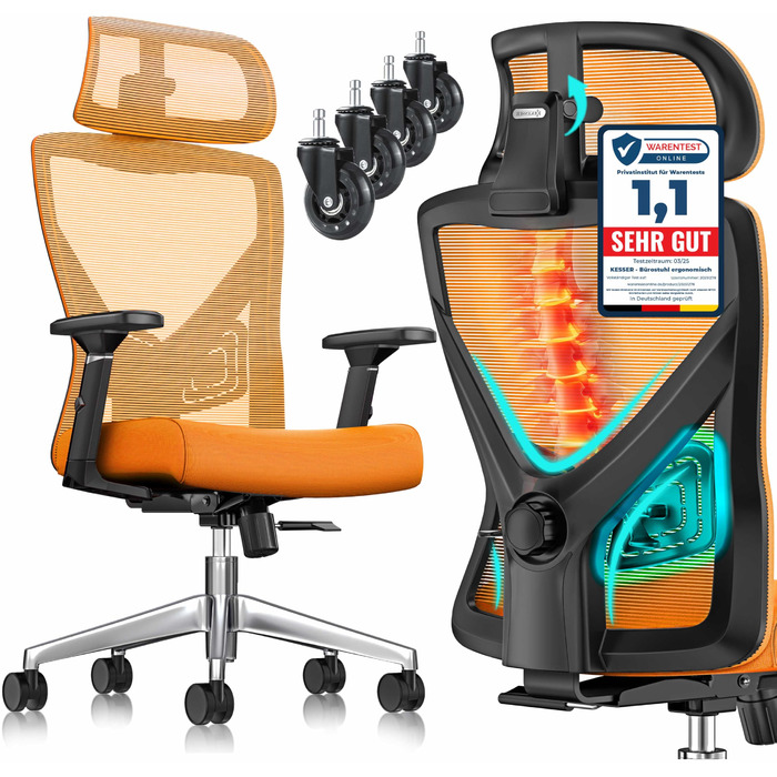 Офісне крісло KESSER® ергономічне з регульованими підлокітниками, поворотне з підтримкою попереку, з підголівником. Функція гойдання до 125° та 5 роликів. Оранжевий/срібний колір.