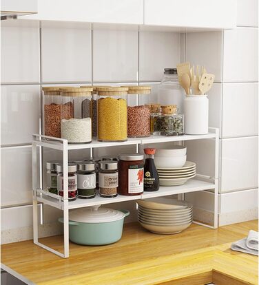 KZOBYD Expandable Kitchen Shelf, Foldable Kitchen Cabinet Shelf Spice Rack Organizer for Dishes and Supplies Stackable Kitchen Storage Organizer for Extra Storage Space (White, ) (White, L)