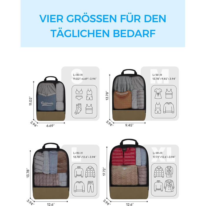 Набір кубиків для пакування багажу BAGLHER - Компактні органайзери для подорожей, водонепроникні сумки (Коричневий)