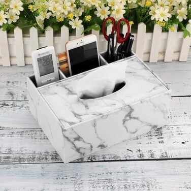 BSTKEY Tissue Box Rectangular Faux Leather Tissue Box with Remote Control (White Marble)