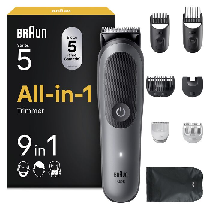 Braun Multigroom Series 5 AIO5545: Триммер для бороди, волосся та тіла 9-в-1, водонепроникний, акумулятор 120 хв, сірий