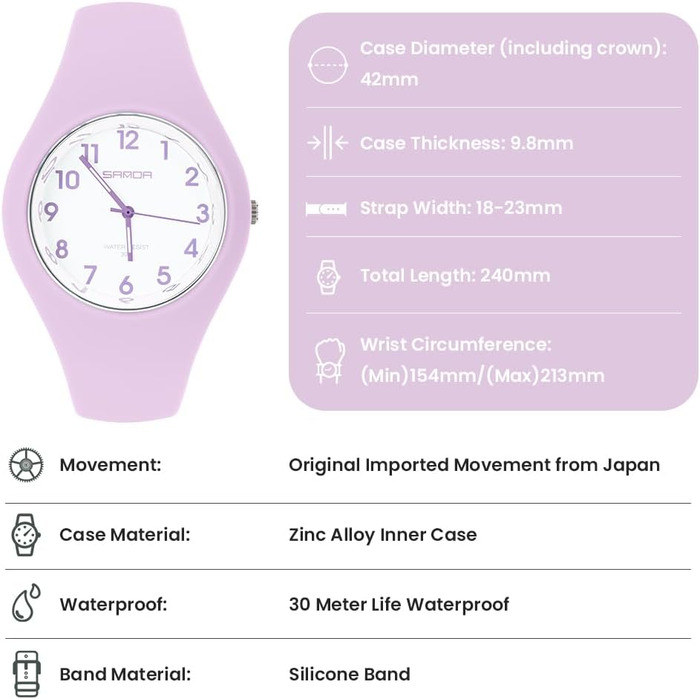Жіночий годинник: аналоговий кварцовий годинник з силіконовим ремінцем. Спортивний годинник для студентів та дорослих (фіолетовий)