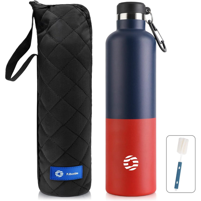 Фляга спортивна Feijian 1L з карабіном - термофляга з нержавіючої сталі, витримує напій з газом, без BPA, для спорту, відпочинку, школи, кемпінгу, велосипеду, армійський зелений (блакитний & червоний)