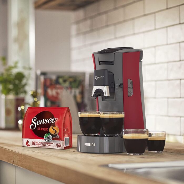 PHILIPS Senseo Select Coffee Pad Machine - Coffee Strength Choice Plus, Memo Function, Made from Recycled Plastic, 1450 Watts, 0.9 Liters, Red (CSA240/90)