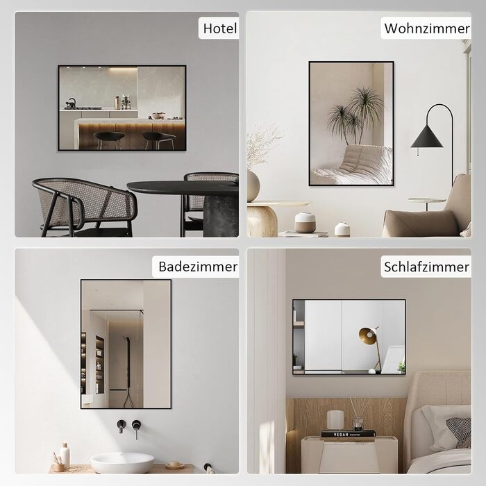 Дзеркало настінне прямокутне з заокругленими кутами, 40x60 см, чорне, з нержавіючої сталі, для ванної кімнати та вітальні