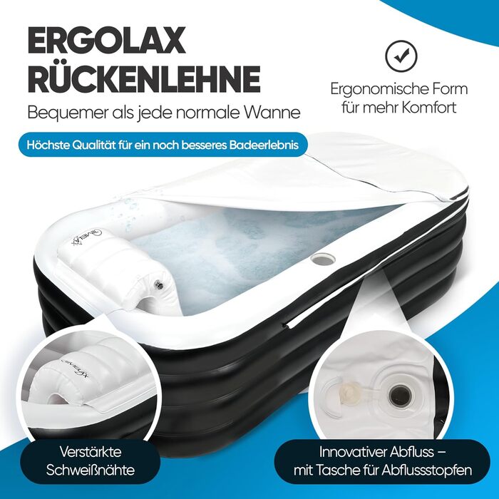 Надувна ванна TIMELAX® XL з ергономічною спинкою | 0,5 мм PVC, без BPA | Мовна, розкладна, для дорослих, чорна