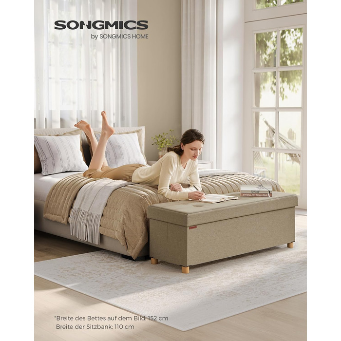 Складаний пуф SONGMICS з ніжками та місцем для зберігання, 38x110x40 см, верблюжий, до 300 кг, для вітальні, спальні, передпокою