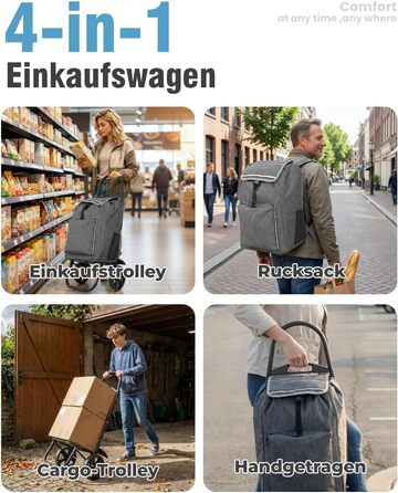Складаний візок для покупок Homecall 50L з охолодженням, 3-в-1: візок, сумка-тележка, рюкзак (темно-сірий)