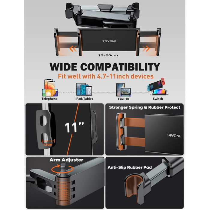 Тримач для планшета в авто TRYONE - кріплення на підголівник, висувний, для iPad, iPhone, Samsung Galaxy Tab, Kindle Fire HD, Switch (4.7-11 дюймів)