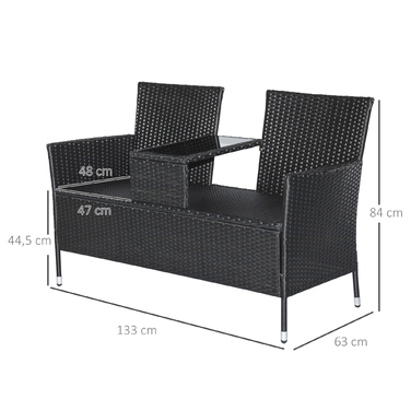 Садова лавка Outsunny з ротангу Polyrattan на 2 особи з журнальним столиком, садове диван-крісло зі сталі чорного кольору, B133 x Ш63 x H84см, стійке до погодних умов та сучасне