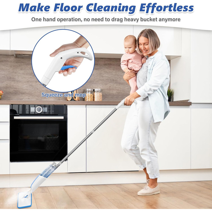 Швабра з розпилювачем MANGOTIME: швабра з розпилювачем, моп, швабра для підлоги з баком для води та 3 насадки для миття більшості поверхонь (біла)
