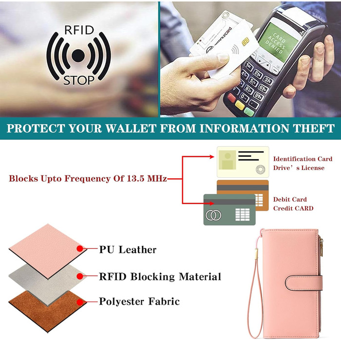 GOIACII Wallet for Women, Leather Wallet for Women, RFID Blocking Large and Long Wallet for Women with Multiple Card Slots, Removable Wrist Strap