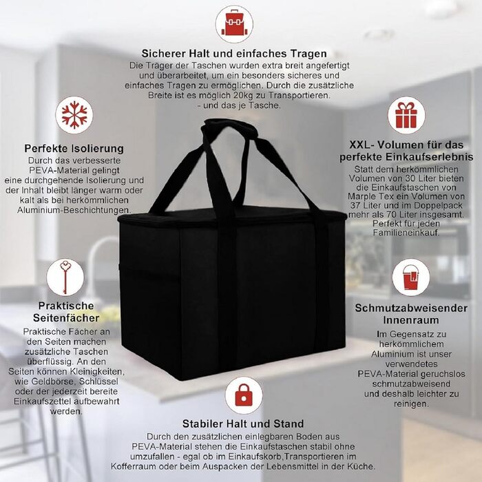 Складна термосумка Marple Tex Premium 37 л, до 20 кг, велика ізоляційна сумка для покупок з посиленим дном, багаторазова сумка для продуктів, доставка, багажник (40x30x30 см)